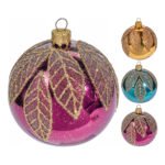 Μπάλα Γυάλινη με Φύλλο Και Glitter 8cm
